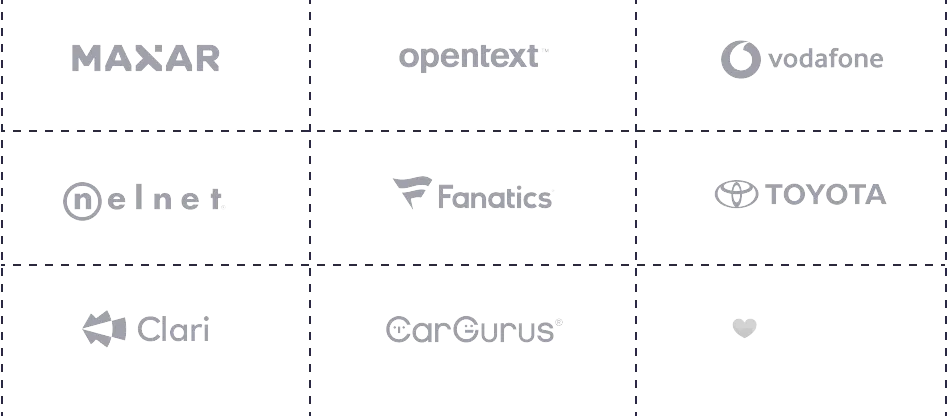 Customer logos: MAXAR, OpenText, Vodafone, Nelnet, Fanatics, Toyota, Clari, CarGurus and Babylist