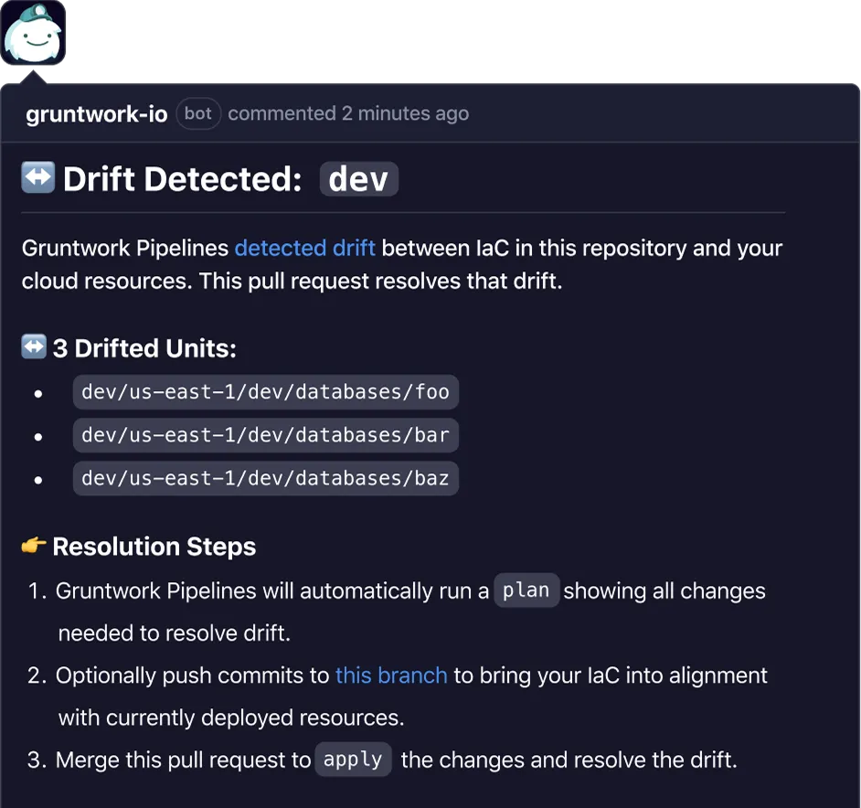A drift remediation pull request opened by Terragrunt Scale