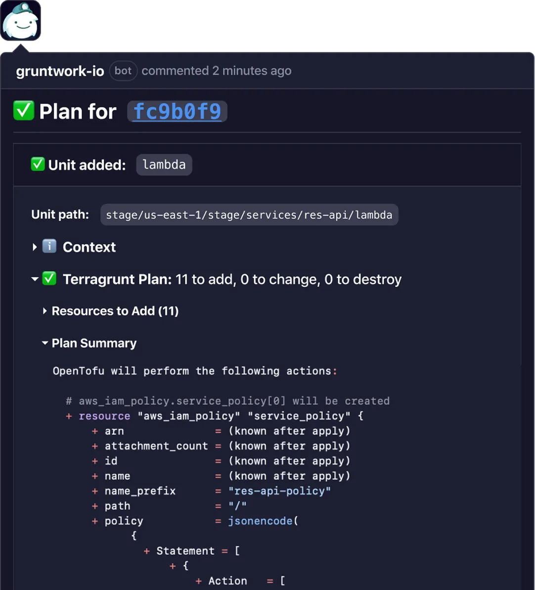 A Terragrunt plan posted as a pull request comment